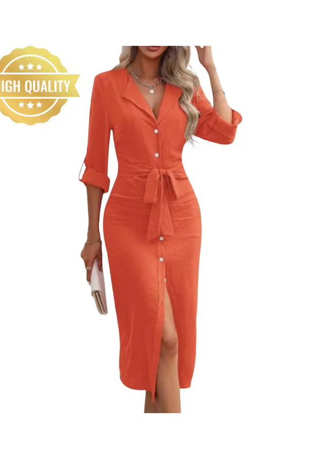 Women’s Office Shirt Dress: V-Neck Long Sleeve Solid Color Button Lace-Up Dress