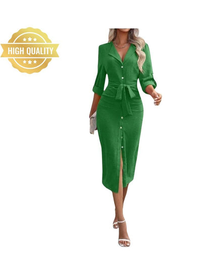 Women’s Office Shirt Dress: V-Neck Long Sleeve Solid Color Button Lace-Up Dress