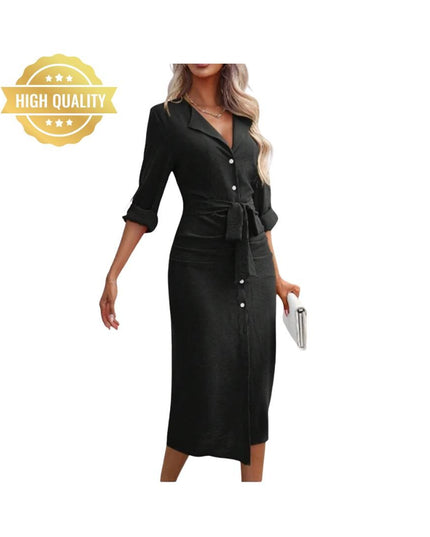 Women’s Office Shirt Dress: V-Neck Long Sleeve Solid Color Button Lace-Up Dress