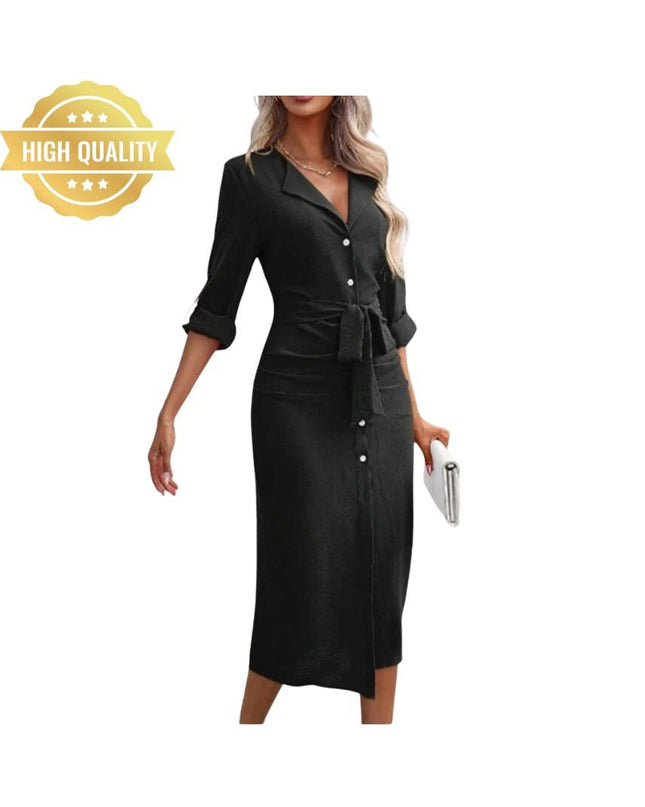 Women’s Office Shirt Dress: V-Neck Long Sleeve Solid Color Button Lace-Up Dress