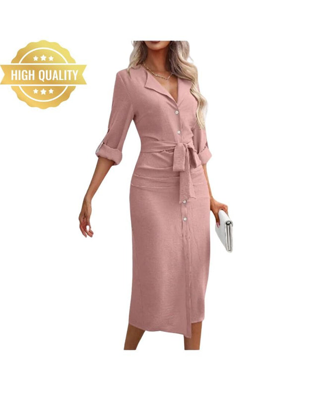 Women’s Office Shirt Dress: V-Neck Long Sleeve Solid Color Button Lace-Up Dress