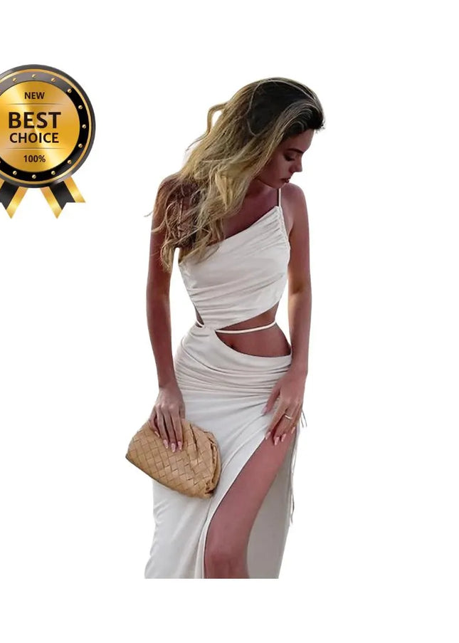 Retro Sexy Pleated Oblique Shoulder Hollow Out Irregular Long Dress Women New Cut Out Backless Tie Up Slip Dress Beach Party