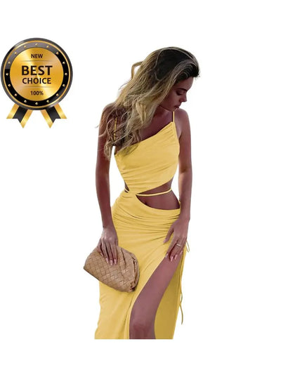 Retro Sexy Pleated Oblique Shoulder Hollow Out Irregular Long Dress Women New Cut Out Backless Tie Up Slip Dress Beach Party