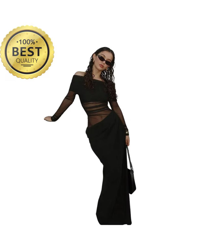 Sexy Dress Women 2025 Spring Patchwork Mesh Elegant Slash Neck Ruched Fit Chic Birthday Party Festival Vacation Vestidos