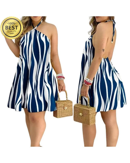 Tropical Print Halter Neck Dress, Vacation Style Backless Dress For Spring & Summer, Women's Clothing