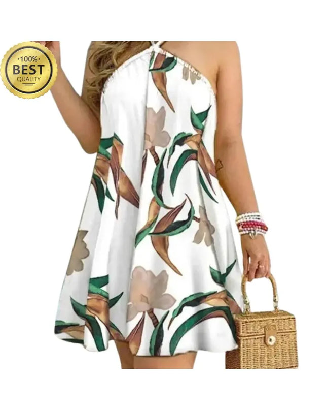 Tropical Print Halter Neck Dress, Vacation Style Backless Dress For Spring & Summer, Women's Clothing