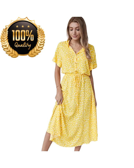 Women’s Vintage Floral Dress, Short Sleeve Cotton Shirt Dress with Waistband, Summer Casual Outfit