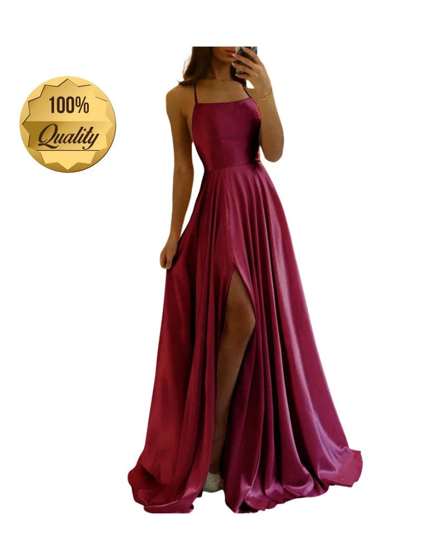 Burgundy Satin Maxi Flared Dress with High Slit Sexy Prom Dresses Backless A-Line Evening Party Gowns for Wedding Party