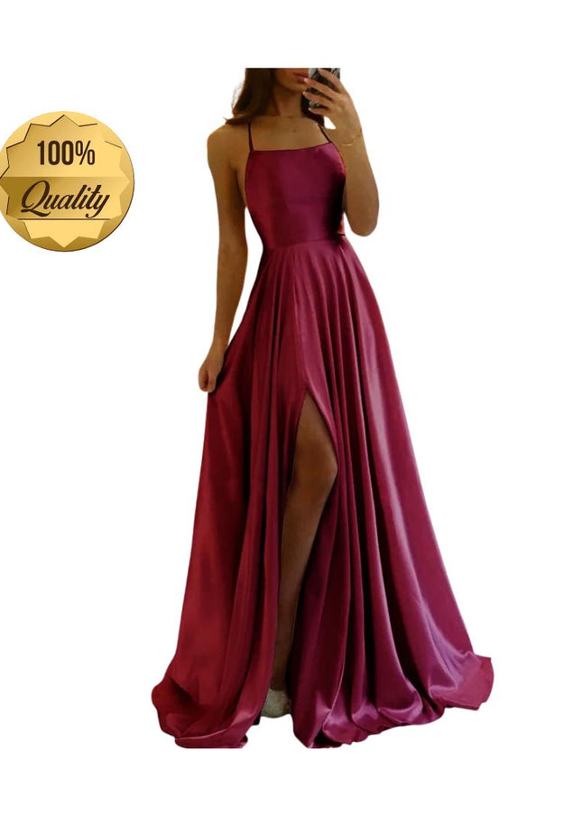 Burgundy Satin Maxi Flared Dress with High Slit Sexy Prom Dresses Backless A-Line Evening Party Gowns for Wedding Party