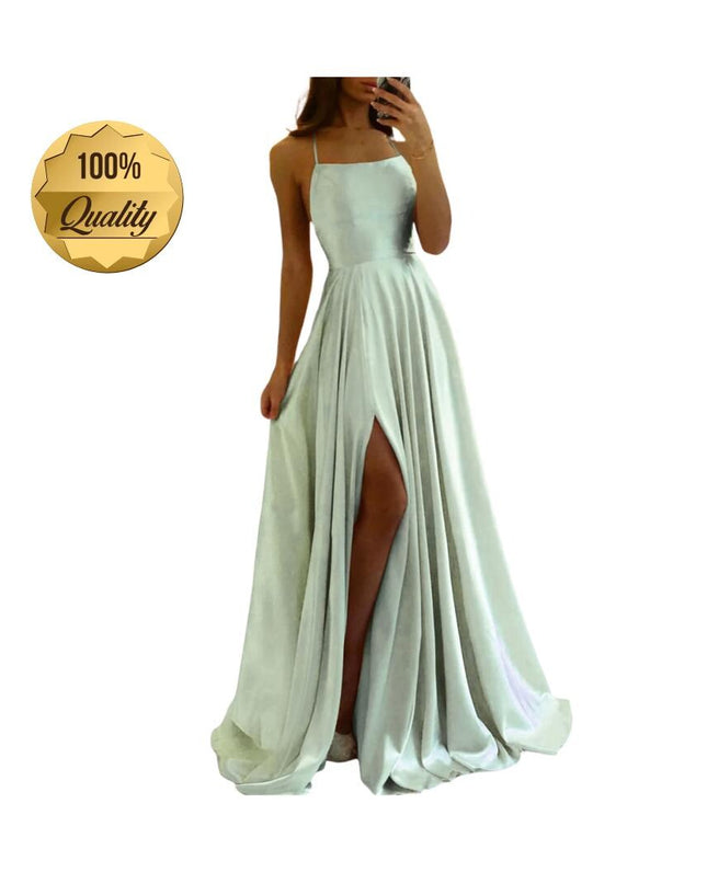 Burgundy Satin Maxi Flared Dress with High Slit Sexy Prom Dresses Backless A-Line Evening Party Gowns for Wedding Party