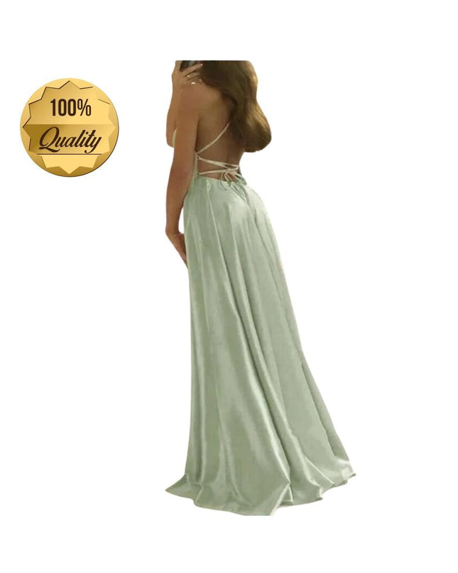 Burgundy Satin Maxi Flared Dress with High Slit Sexy Prom Dresses Backless A-Line Evening Party Gowns for Wedding Party