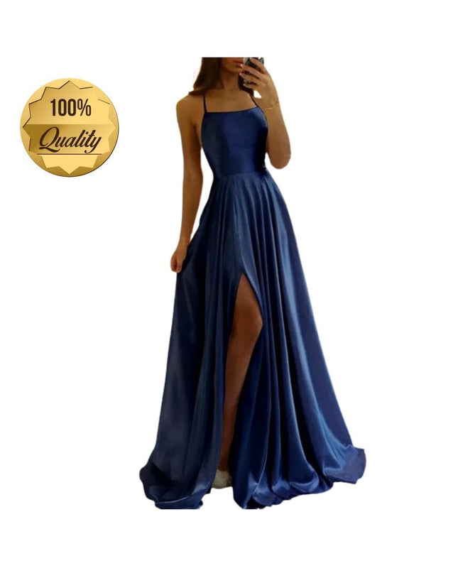 Burgundy Satin Maxi Flared Dress with High Slit Sexy Prom Dresses Backless A-Line Evening Party Gowns for Wedding Party