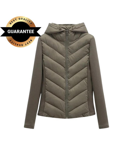 Women’s Elegant Patchwork Hooded Cotton Parka – Warm Slim-Fit Winter Coat in Army Green | Fashionable Autumn Sports Jacket