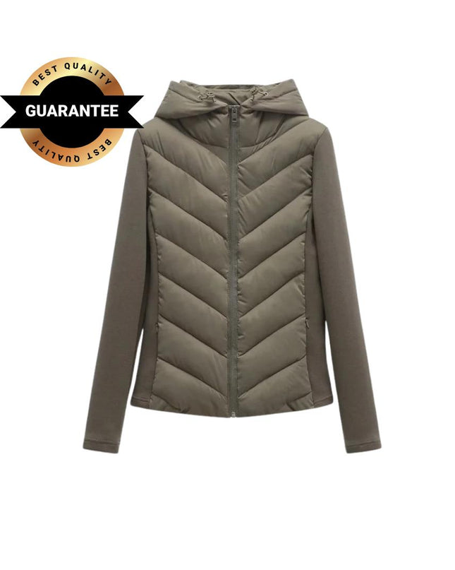 Women’s Elegant Patchwork Hooded Cotton Parka – Warm Slim-Fit Winter Coat in Army Green | Fashionable Autumn Sports Jacket