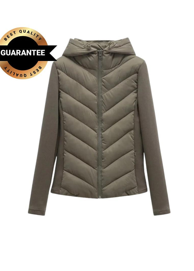 Women’s Elegant Patchwork Hooded Cotton Parka – Warm Slim-Fit Winter Coat in Army Green | Fashionable Autumn Sports Jacket