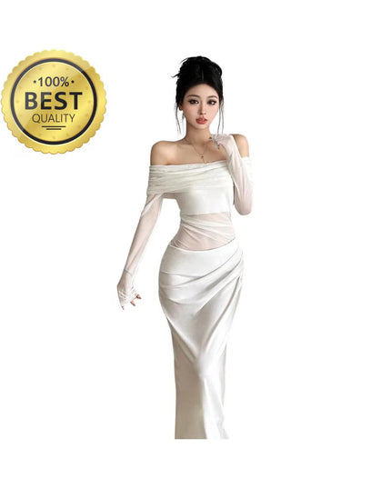 Sexy Dress Women 2025 Spring Patchwork Mesh Elegant Slash Neck Ruched Fit Chic Birthday Party Festival Vacation Vestidos