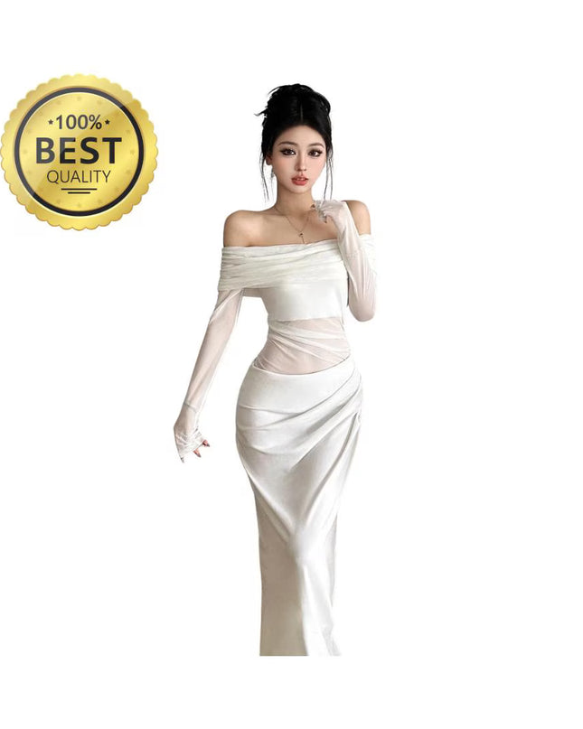 Sexy Dress Women 2025 Spring Patchwork Mesh Elegant Slash Neck Ruched Fit Chic Birthday Party Festival Vacation Vestidos