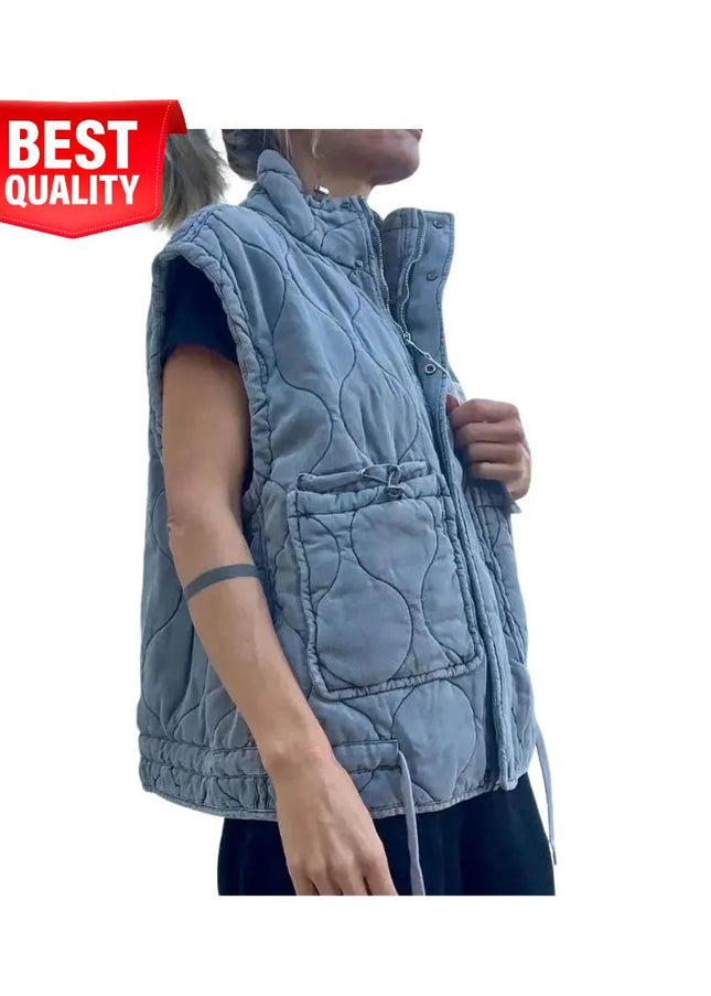 Autumn Winter Women Pocket Cotton Jacket Vest Sleeveless Stand Neck Zipper Waistcoat Loose Female Streetwear