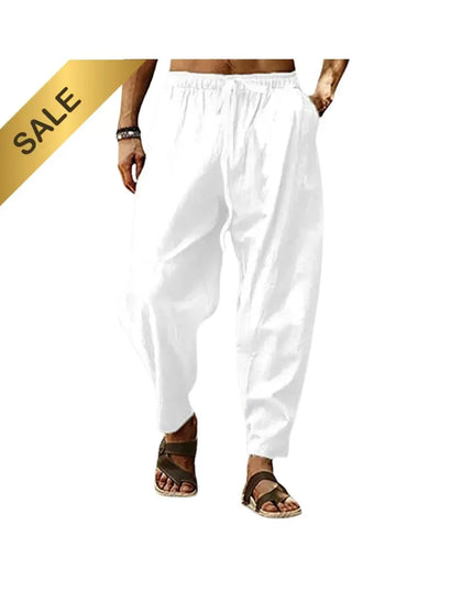 Men Cotton Linen Pants Summer and Autumn Solid High Waist Wide-Leg Trousers Male Loose Hemp Casual Breathable Sports Pants