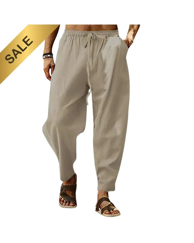 Men Cotton Linen Pants Summer and Autumn Solid High Waist Wide-Leg Trousers Male Loose Hemp Casual Breathable Sports Pants