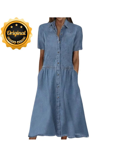 Women's Denim Shirt Dress, Office Denim Dress, Button Up Dress, Short Sleeve Collared Summer Dress, Oversized Beach Outfit