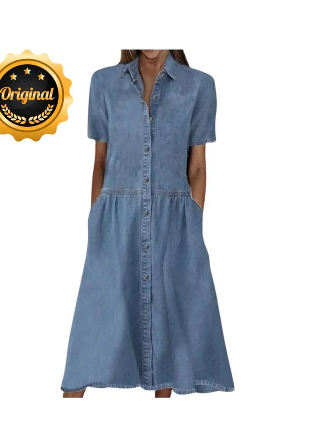 Women's Denim Shirt Dress, Office Denim Dress, Button Up Dress, Short Sleeve Collared Summer Dress, Oversized Beach Outfit