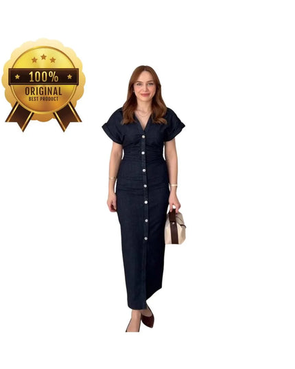 Women's Denim Midi Dress, Shirt Denim Dress, Elegant A-Line Pockets Dress, Short Sleeve Collared Summer Dress, Casual Summer Dress