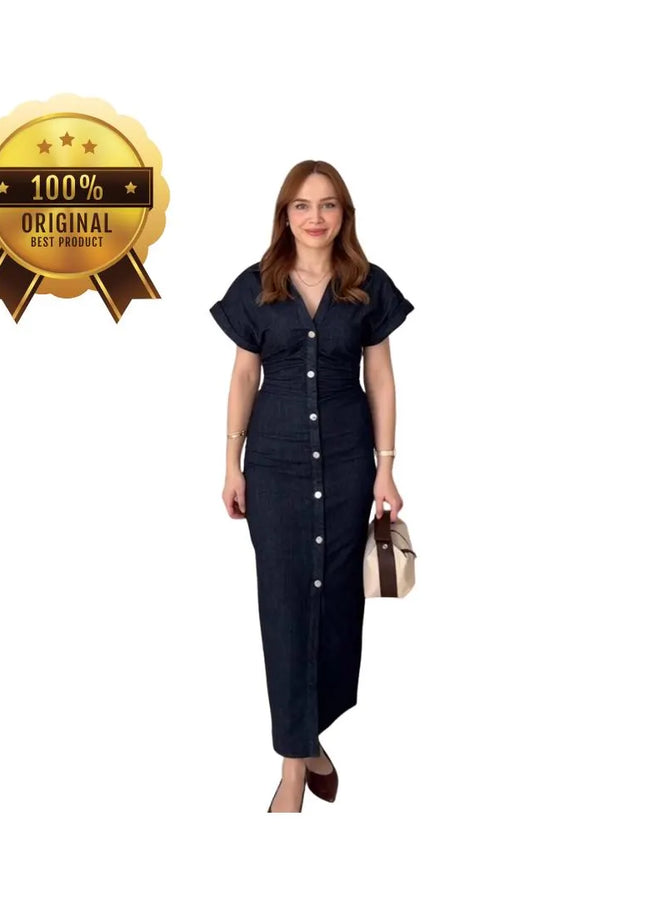 Women's Denim Midi Dress, Shirt Denim Dress, Elegant A-Line Pockets Dress, Short Sleeve Collared Summer Dress, Casual Summer Dress
