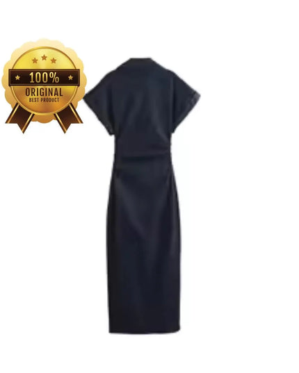 Women's Denim Midi Dress, Shirt Denim Dress, Elegant A-Line Pockets Dress, Short Sleeve Collared Summer Dress, Casual Summer Dress