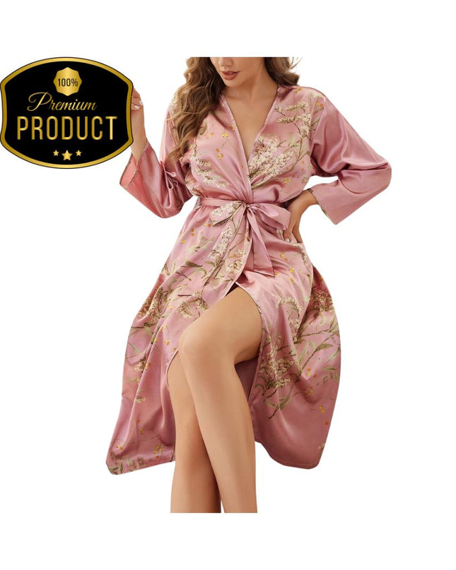 Robe Women Satin Nightgown Print Sleepwear Luxury Slip Nightdress Summer Homewear Ice Silk Bathrobe Kimono