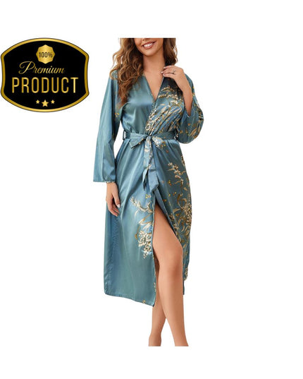 Robe Women Satin Nightgown Print Sleepwear Luxury Slip Nightdress Summer Homewear Ice Silk Bathrobe Kimono