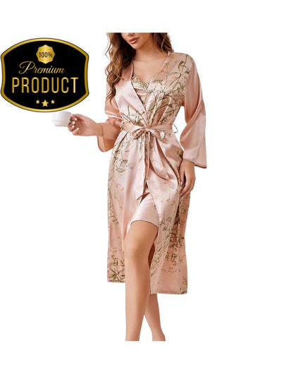 Robe Women Satin Nightgown Print Sleepwear Luxury Slip Nightdress Summer Homewear Ice Silk Bathrobe Kimono