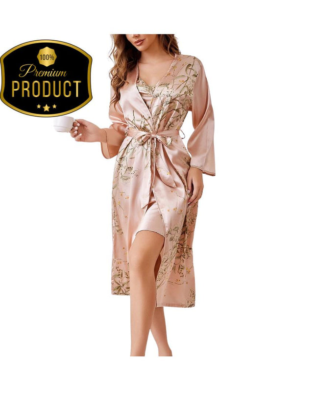 Robe Women Satin Nightgown Print Sleepwear Luxury Slip Nightdress Summer Homewear Ice Silk Bathrobe Kimono