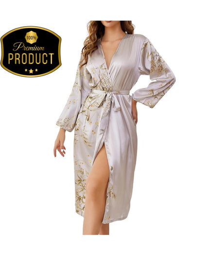 Robe Women Satin Nightgown Print Sleepwear Luxury Slip Nightdress Summer Homewear Ice Silk Bathrobe Kimono