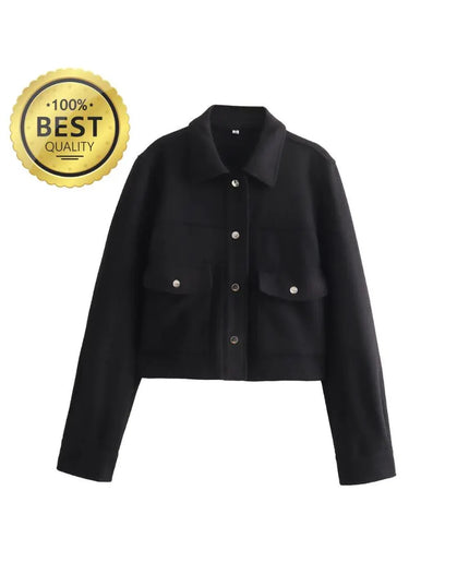 Spring Women's Fashion Wool Jacket Jacket Chic Lapel Pocket Decoration Women's Single-breasted Short Street Jacket
