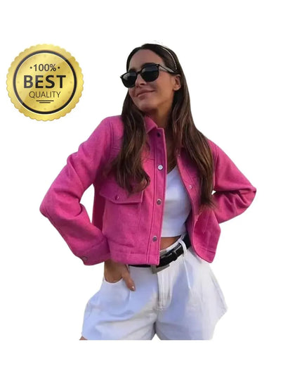 Spring Women's Fashion Wool Jacket Jacket Chic Lapel Pocket Decoration Women's Single-breasted Short Street Jacket