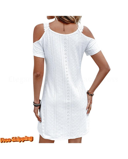 Summer Solid Off Shoulder V Neck White Dress Hollow Out Lace Short Sleeve Mini Dresses Elegant Party Women Clothing