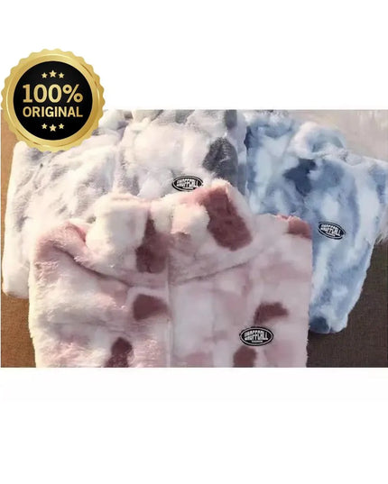 New Women's Tie Dye Lamb Fleece Jacket Autumn Winter Zipper Outerwear Warm Plush Jackets Harajuku Casual Loose Female Thick Coat