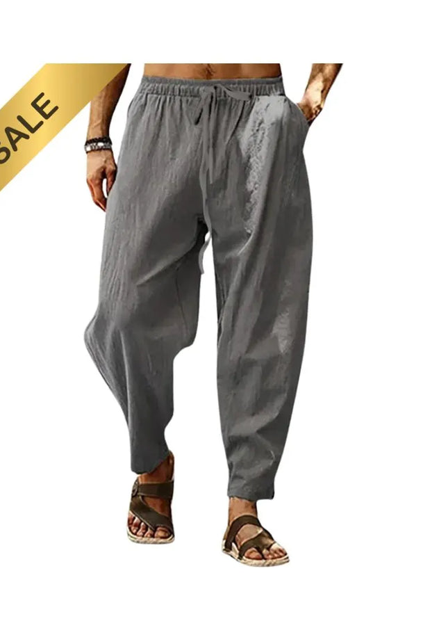 Men Cotton Linen Pants Summer and Autumn Solid High Waist Wide-Leg Trousers Male Loose Hemp Casual Breathable Sports Pants