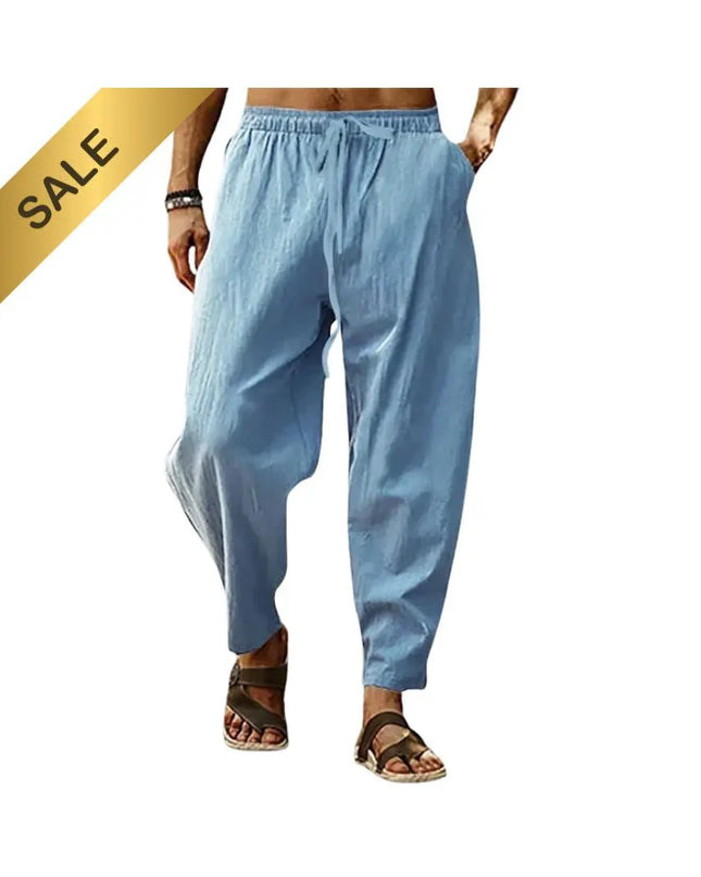 Men Cotton Linen Pants Summer and Autumn Solid High Waist Wide-Leg Trousers Male Loose Hemp Casual Breathable Sports Pants