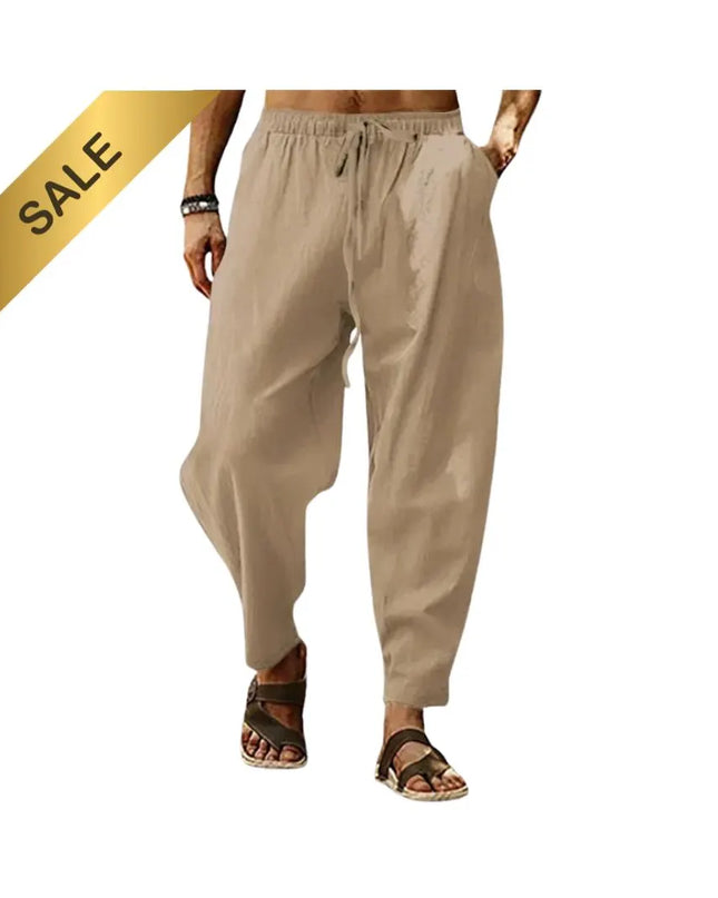 Men Cotton Linen Pants Summer and Autumn Solid High Waist Wide-Leg Trousers Male Loose Hemp Casual Breathable Sports Pants