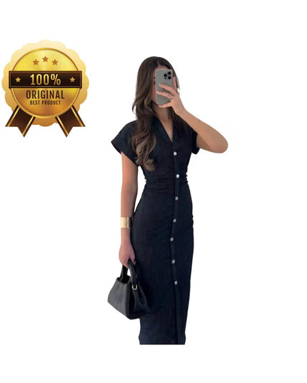 Women's Denim Midi Dress, Shirt Denim Dress, Elegant A-Line Pockets Dress, Short Sleeve Collared Summer Dress, Casual Summer Dress