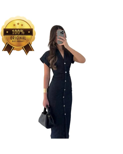 Women's Denim Midi Dress, Shirt Denim Dress, Elegant A-Line Pockets Dress, Short Sleeve Collared Summer Dress, Casual Summer Dress