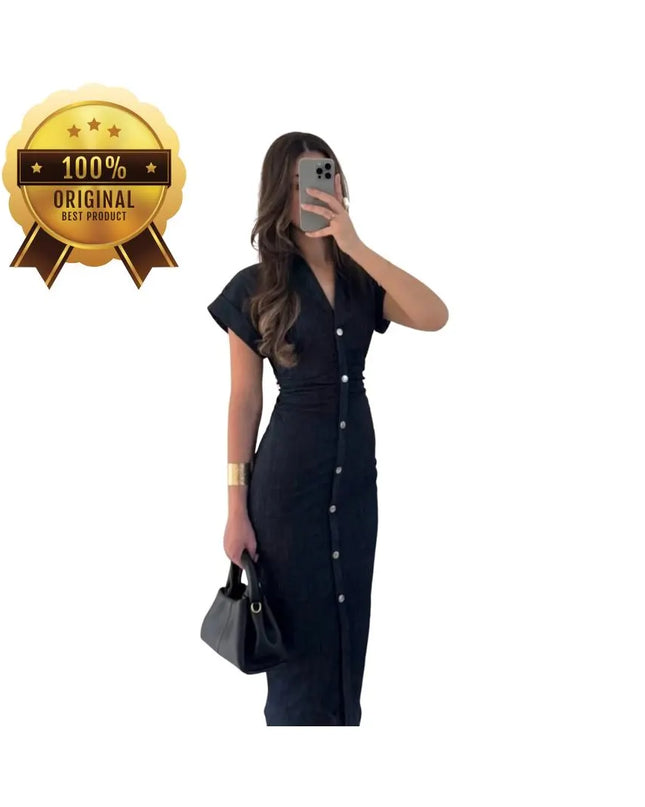 Women's Denim Midi Dress, Shirt Denim Dress, Elegant A-Line Pockets Dress, Short Sleeve Collared Summer Dress, Casual Summer Dress