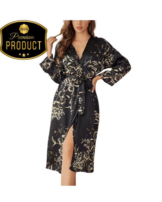 Robe Women Satin Nightgown Print Sleepwear Luxury Slip Nightdress Summer Homewear Ice Silk Bathrobe Kimono