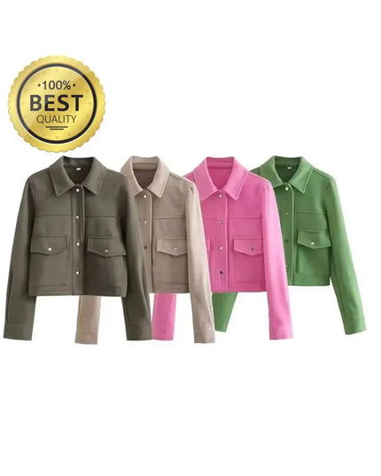 Spring Women's Fashion Wool Jacket Jacket Chic Lapel Pocket Decoration Women's Single-breasted Short Street Jacket