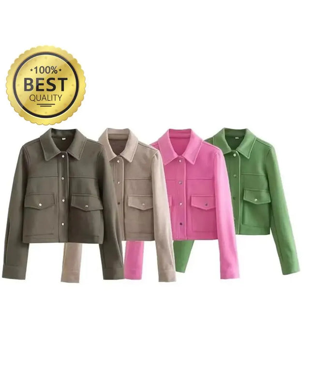 Spring Women's Fashion Wool Jacket Jacket Chic Lapel Pocket Decoration Women's Single-breasted Short Street Jacket