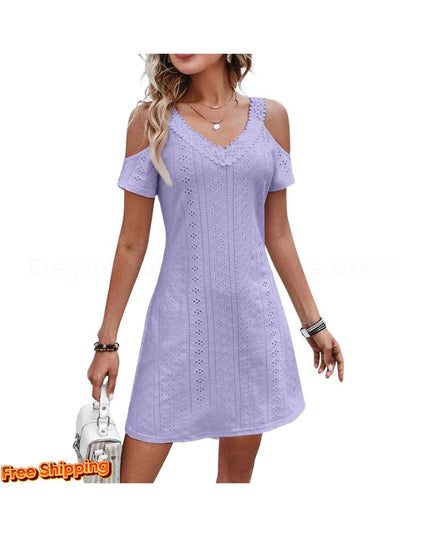 Summer Solid Off Shoulder V Neck White Dress Hollow Out Lace Short Sleeve Mini Dresses Elegant Party Women Clothing