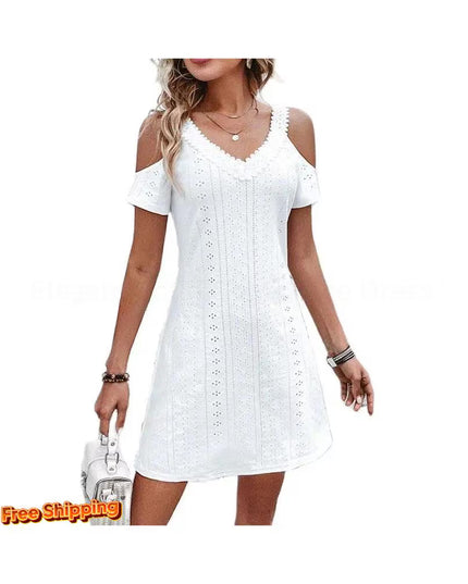 Summer Solid Off Shoulder V Neck White Dress Hollow Out Lace Short Sleeve Mini Dresses Elegant Party Women Clothing