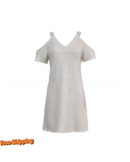 Summer Solid Off Shoulder V Neck White Dress Hollow Out Lace Short Sleeve Mini Dresses Elegant Party Women Clothing